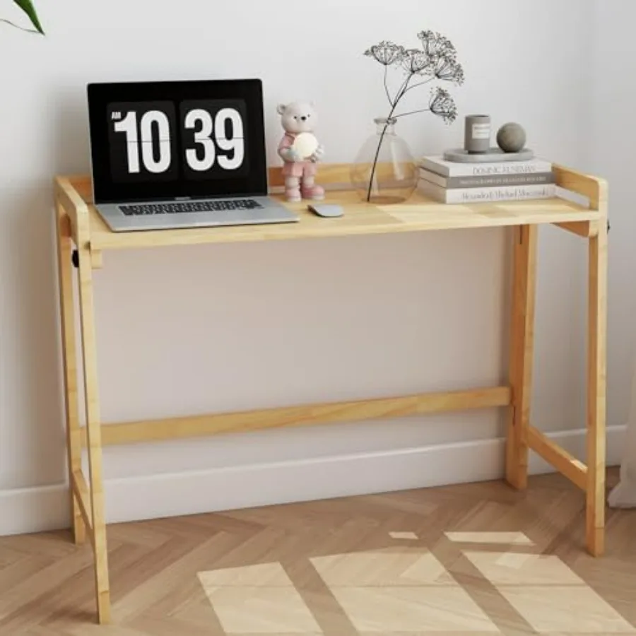 

39 Solid Wood Folding Desk - Mid Century Modern Compact Workstation for Small Spaces Home Office Computer Writing Study Desk wi