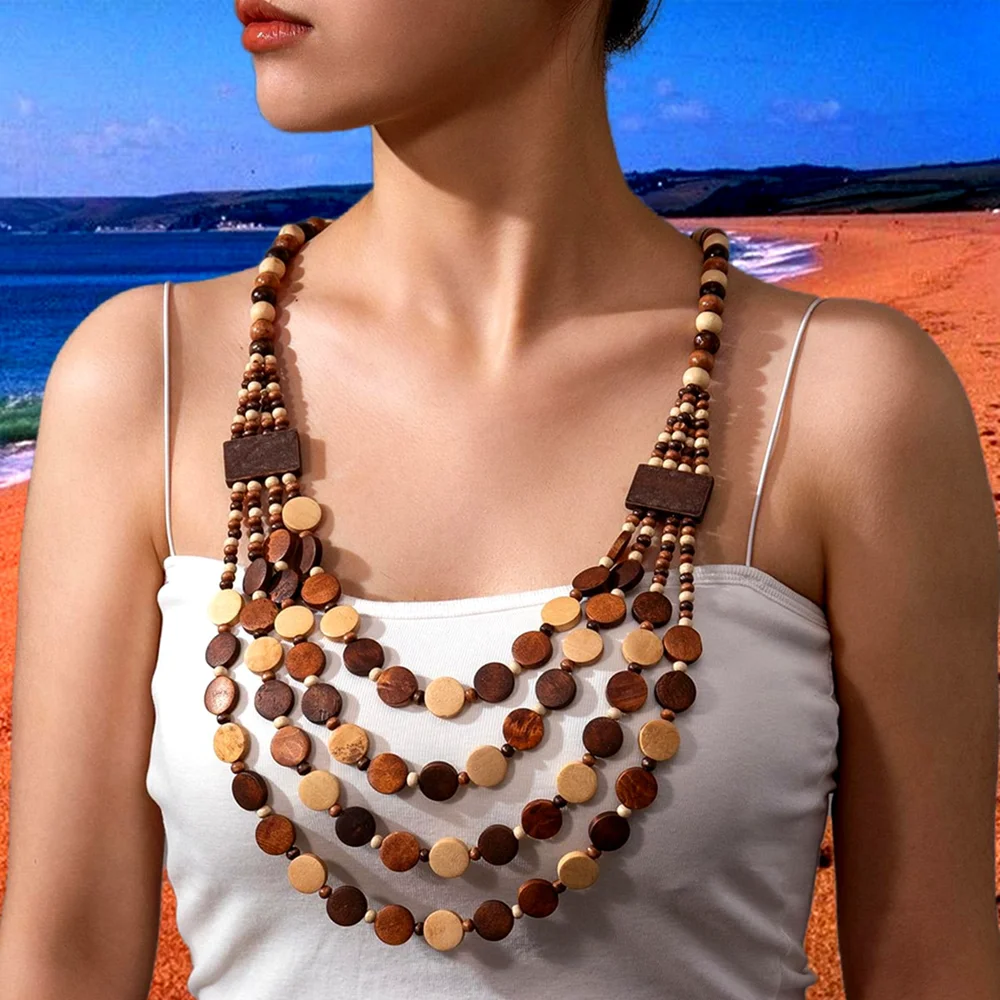 

New African Jewelry Bohemian Ethnic Multi Layered Handmade Geometric Round Wooden Beaded Necklace For Women Party Accessories