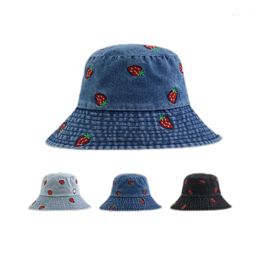 Spring Summer Strawberry Embroidery Denim Jeans Bucket Hat Legent Fisherman Hats for Women Foldable Sport Sun Beach Panama Caps