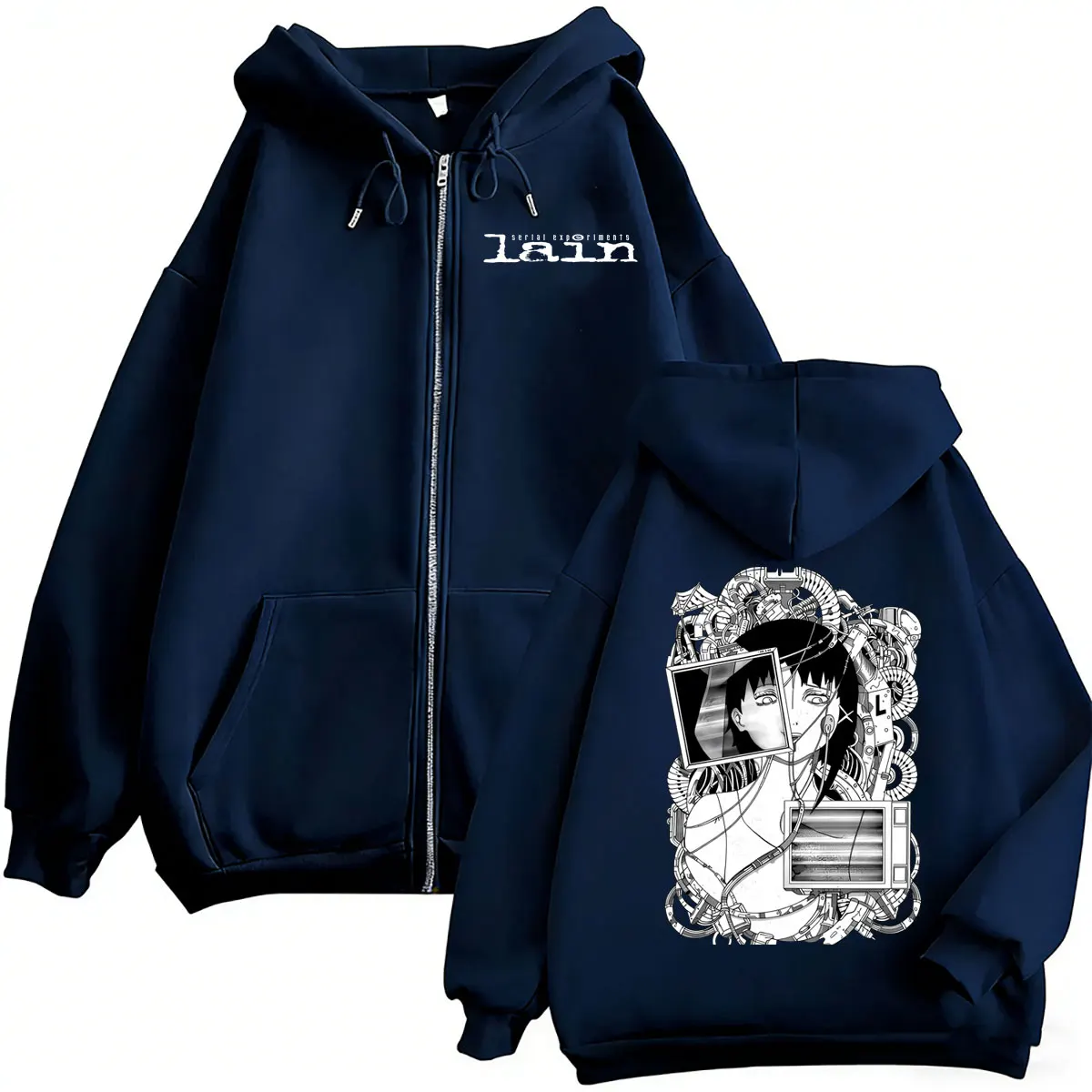 Anime Serial Experiments Lain Zip Up Hoodie Women Men Harajuku Sweatshirt Streetwear Hip Hop Zipper Hooded Jacket Outerwear