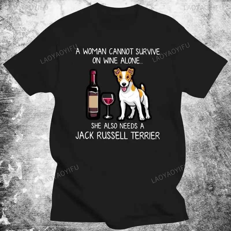 Black Humor on Wine Alone She Also Needs A Jack Russell Terrier T-Shirt 2024 Summer Men'S Cotton Short Sleeve Dog T-Shirt