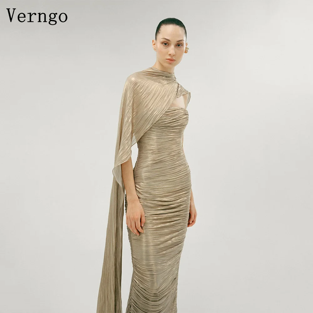 

Verngo Shiny Slik Evening Dress Strapless A Line Hand Pleated Prom Gowns Cape Prom Party Gowns Customized