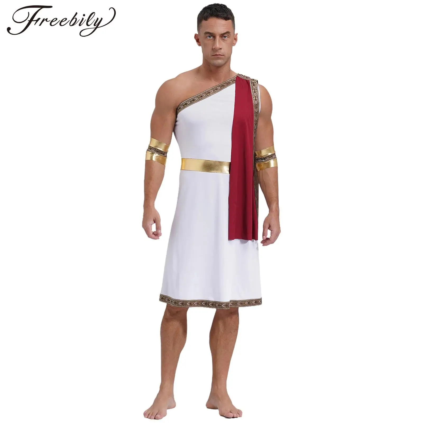 Men's Ancient Greek Toga with Sleeves Fancy Dress One Shoulder Embroidered Roman Spartan Warrior Halloween Cosplay Costume