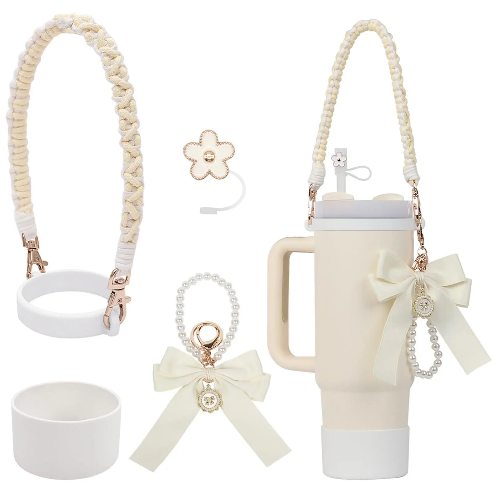 Korean Style Tweed Floral Straw Topper Bow Pearl Chain Keychain Silicone Water Cup Hand Strap Cup Sleeve Holder