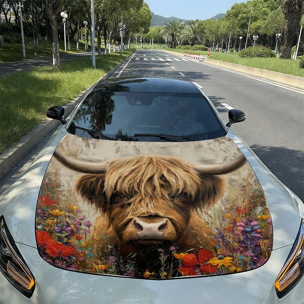 Highland Cow Flower Car Hood Sticker PVC Self Waterproof Stick, Striking Auto Exterior Accessories Decor Protect Gift for Lover