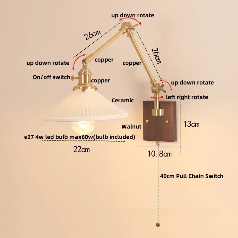 IWHD 2 Arms LED Wall Lamp Sconce Bedroom Study Bar Walnut Wood Nordic Rotatable Ceramic Pull Chain Switch Stair Light Fixtures