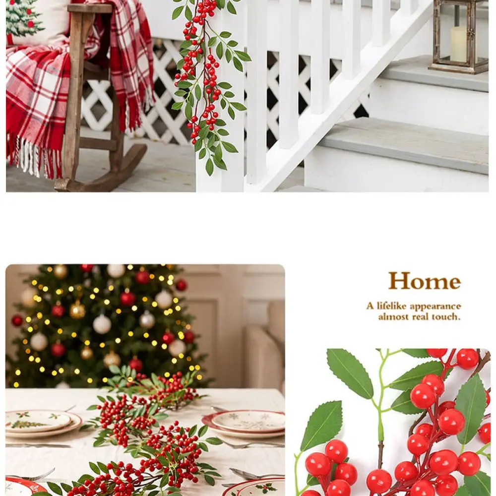 Artificial Christmas Berry Garland Red Fruit Green Leaves Vine For Wedding Party Home Wall Decoration Hanging Decor