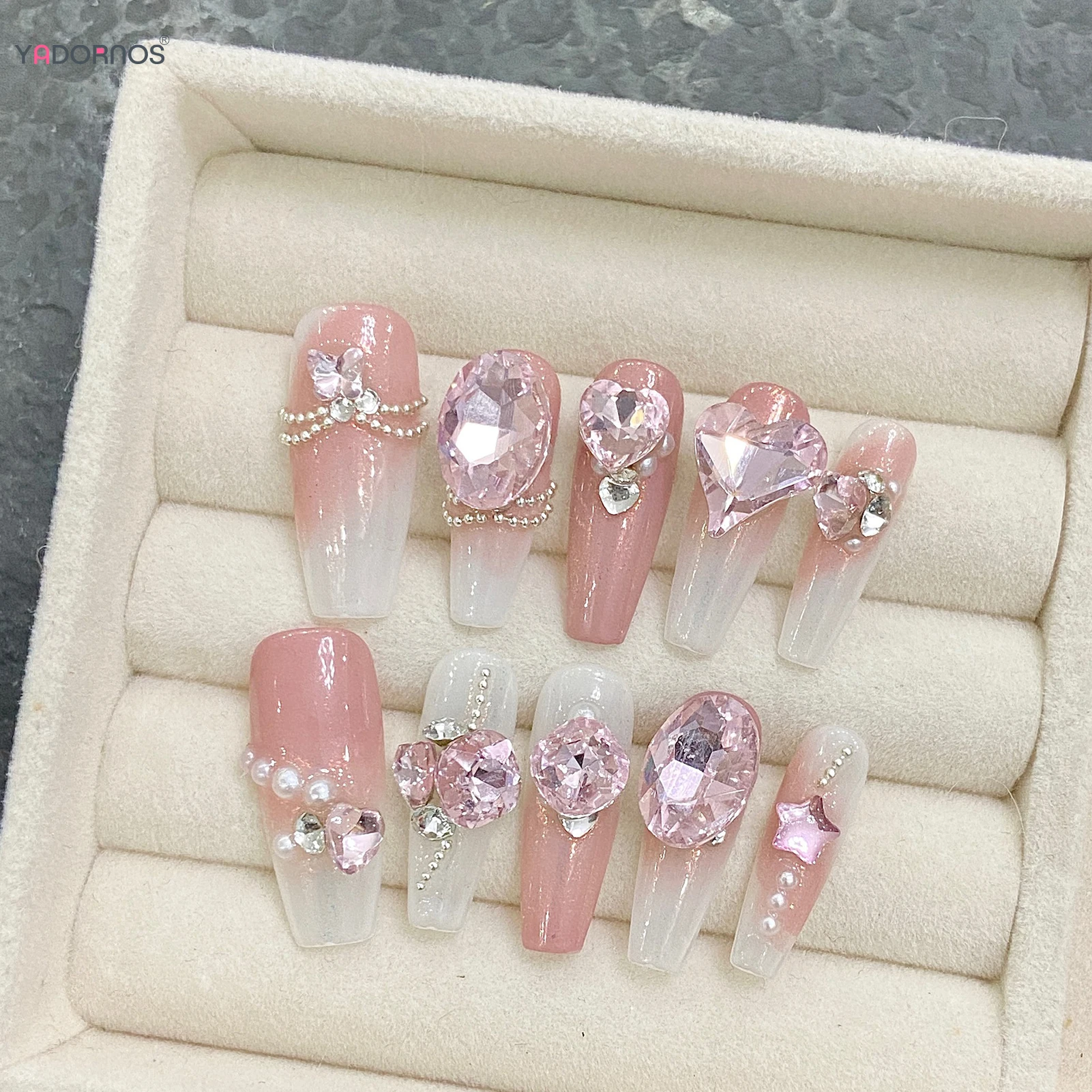 10Pcs Handmade Fake Nails Blush Pink Press on Nails Long Ballerina Wedding False Nails Tips Diamond Designs Wearable Manicure