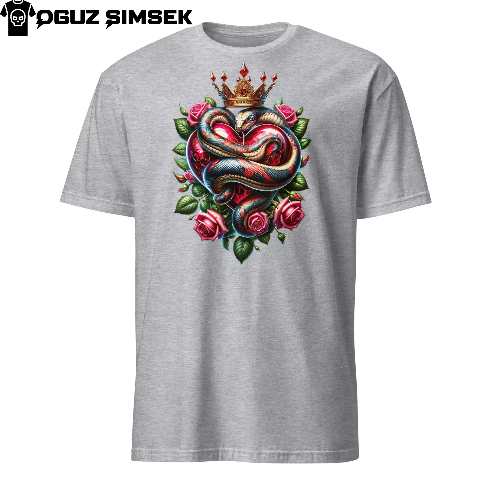 Snake Wrapped Around Heart with Roses and Golden Crown Unisex T-Shirt
