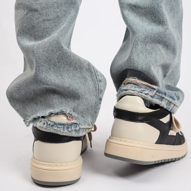 High Street Retro Washed Straight Slim Jeans Men Fashion Streetwear Full Length Denim Pants Casual Trousers