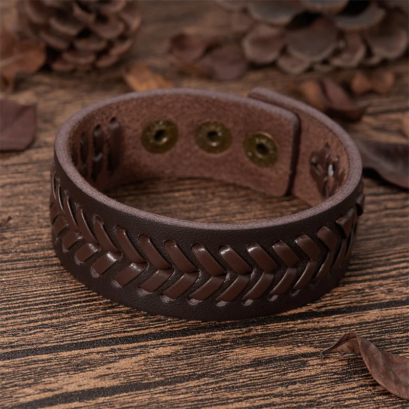 Vintage Black Brown Braided Wide Wrap Bracelets For Men Punk Buckle Leather Bracelet & Bangle Couple Wristband Jewelry Male Gift