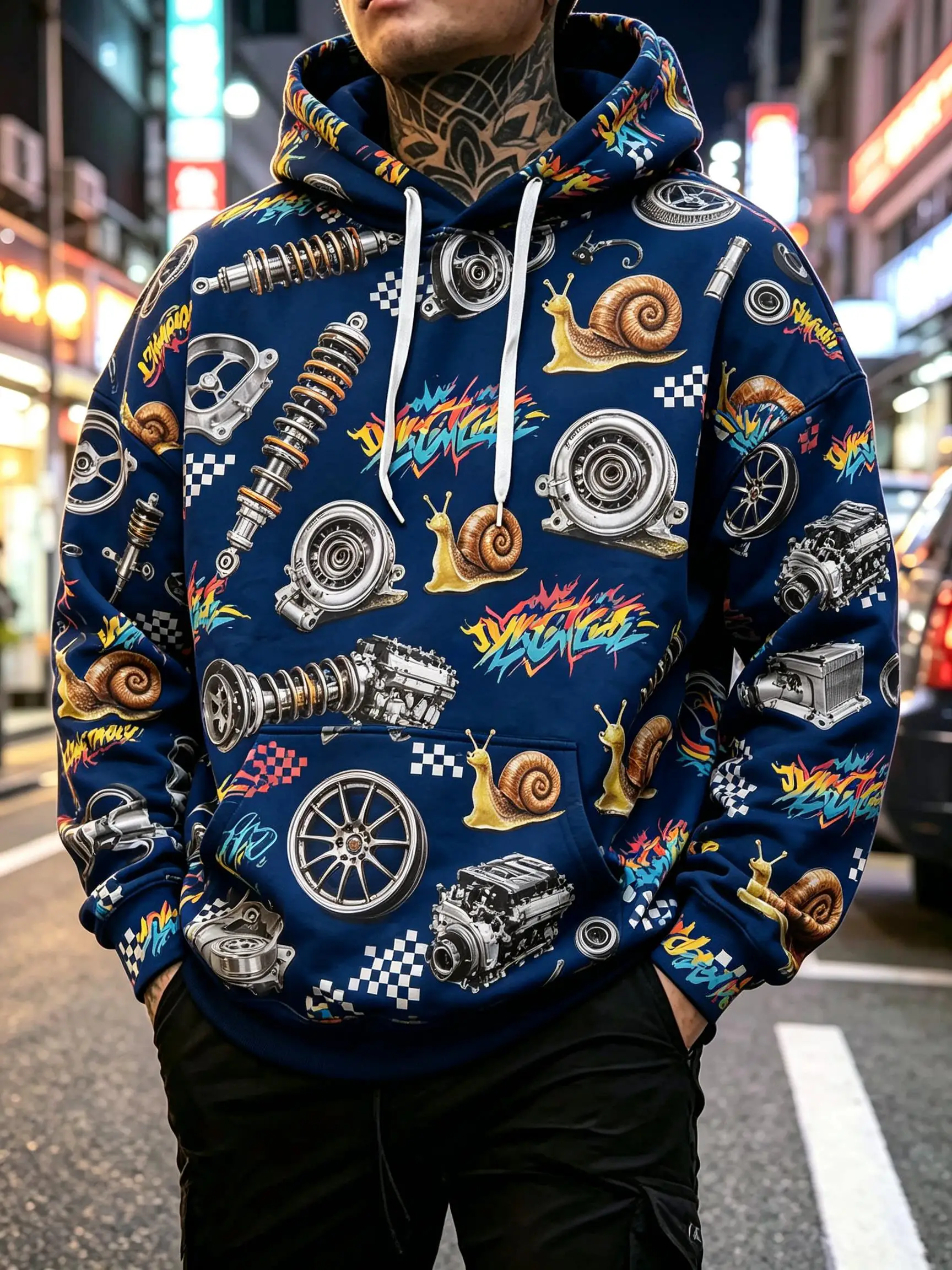 Men's Hoodie Navy Racing Car Parts Snail Print Breathable Soft Pullover Sweatshirt for Lovers Party Daily Wear