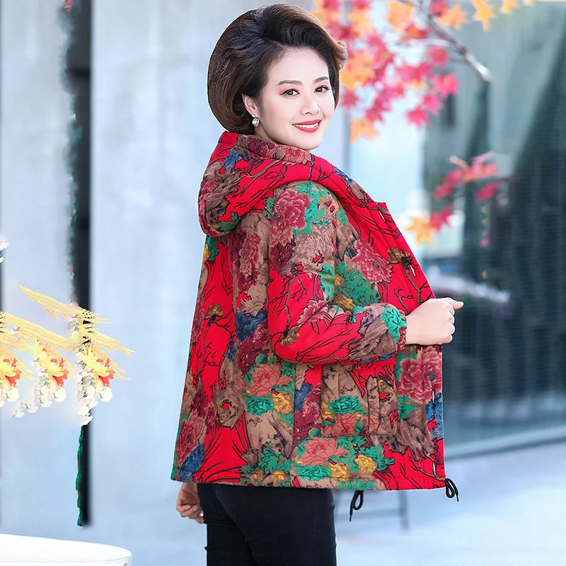 Mother Winter Down Cotton-padded Jacket 2024 New Middle-aged And Elderly Women Large Size Fleece Fashion Print Warm Coat Women6X