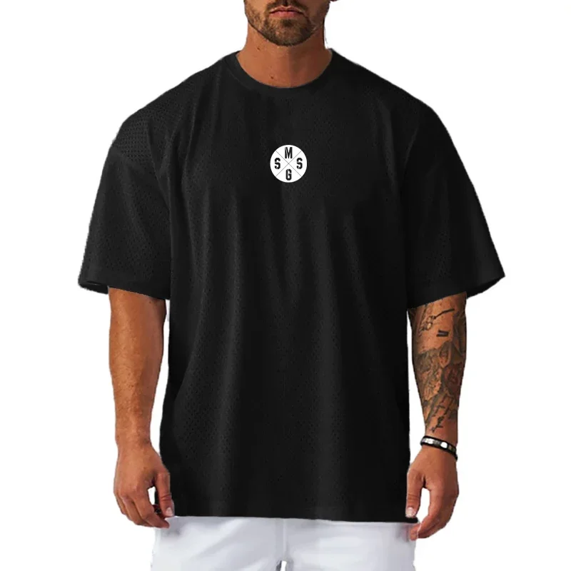 Summer Breathable Quick Dry Mesh Printed O-neck Oversized Gym Bodybuilding Running Sports Fashion Casual Mens T-Shirt