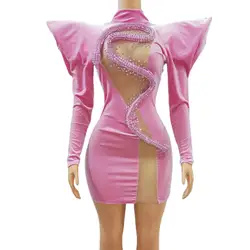 Women Pink Flying Shoulder Dress Singer Performance Stage Costume Drag Queen Outfit Rhinestones Party Evening Dresses Fenshe