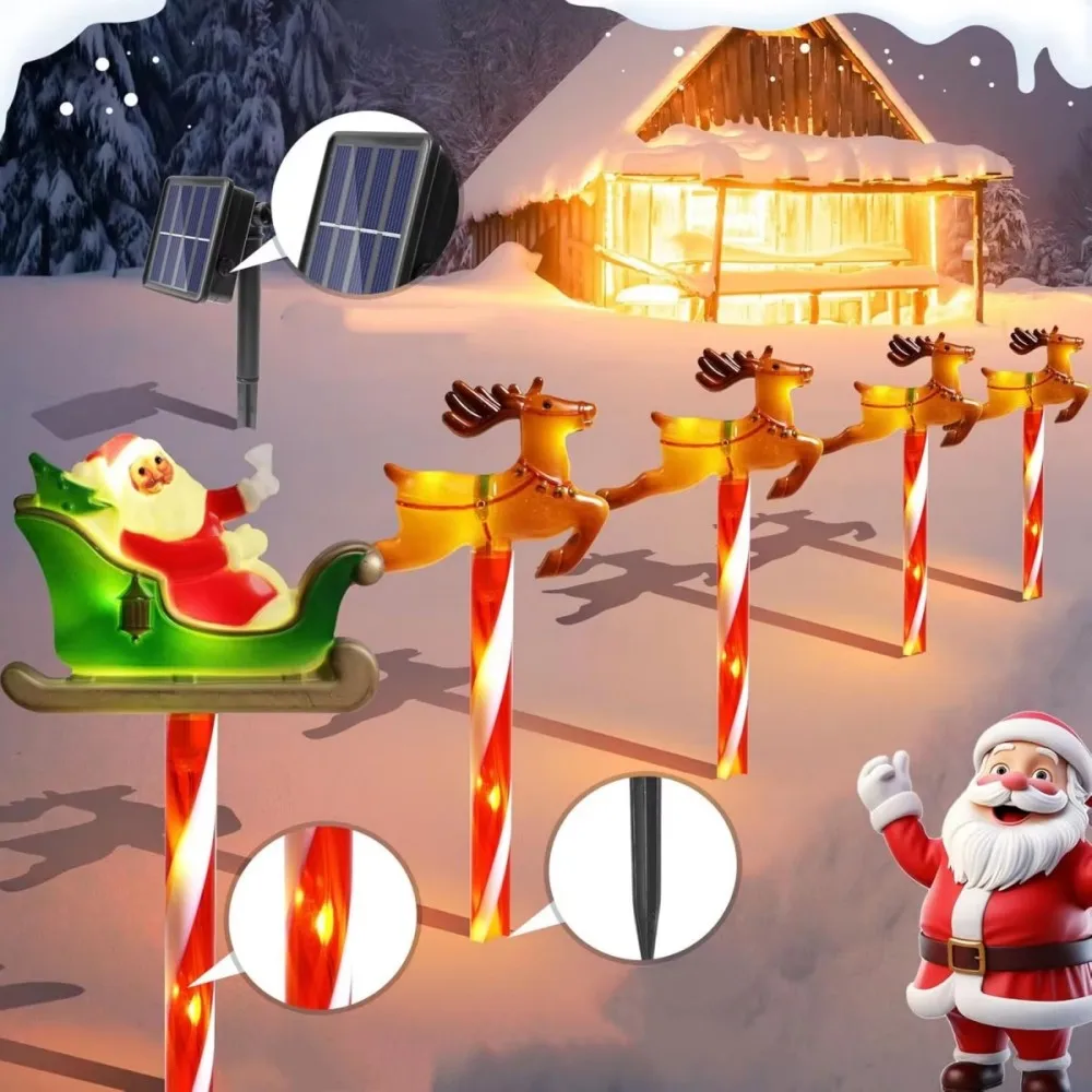 Christmas Solar Santa Sleigh and Reindeer Ground Stake Lights, Waterproof Snowman LED Pathway Lights, Outdoor Yard Garden Decor