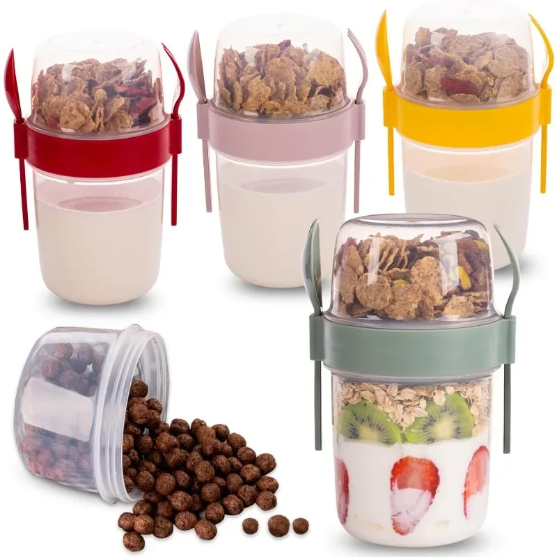 4 Pack On The Go 22 oz Breakfast Cups with Lids and Spoon, Reusable Cereal Yogurt Cup with Topping Plastic Overnight Oats