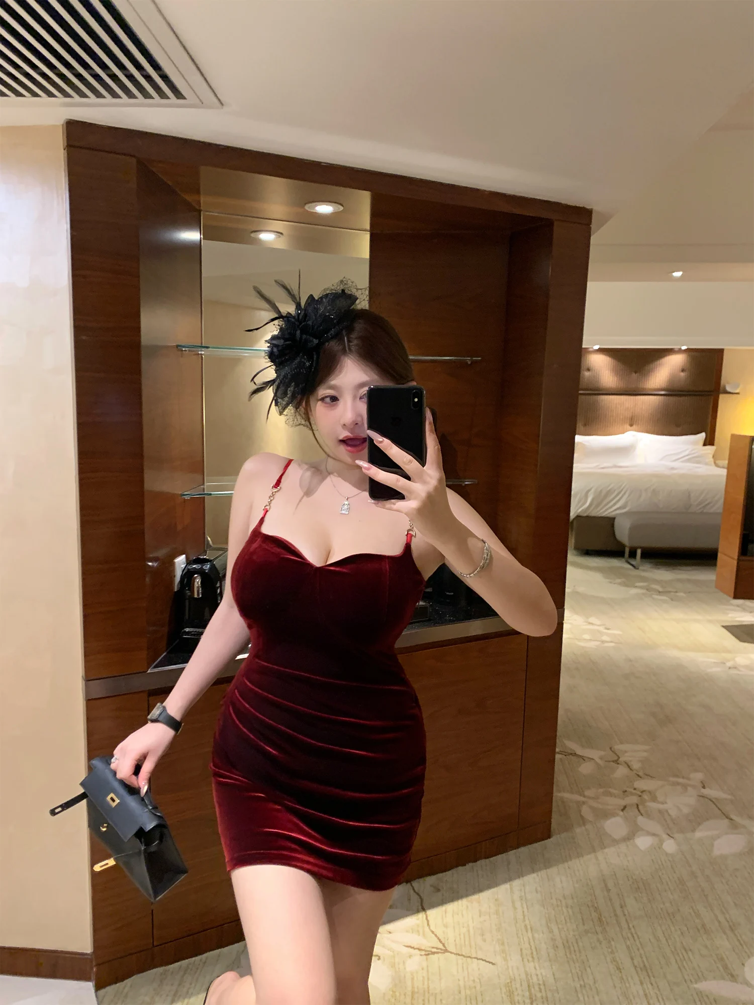 

Pure Desire Red Wine Dr by Zhou Bai Zi New Sle plus Size Sexy Waist Cinched Slimming Bodycon Strapl Dr for Women