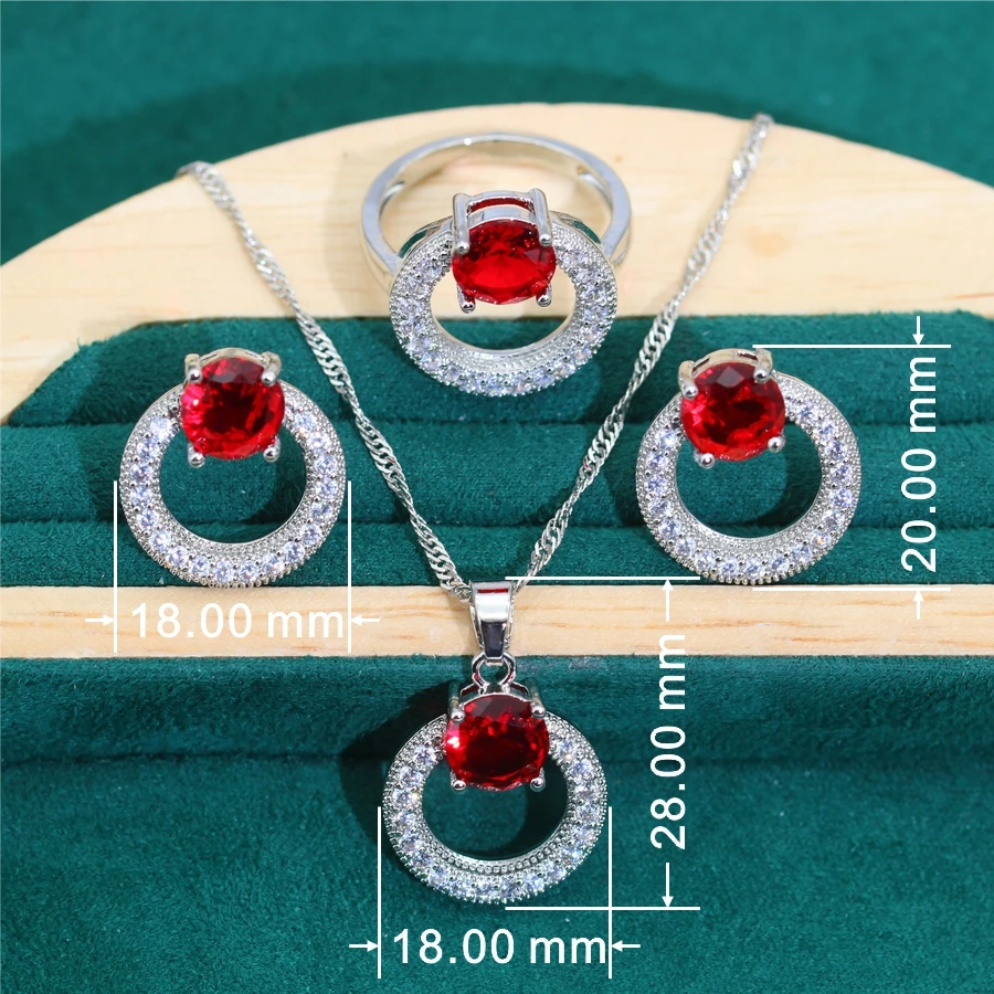 New Round Red Stone Bride Silver Color Wedding Jewelry Set for Women Earrings Ring Necklace Pendant Birthday Gift Daily Wear