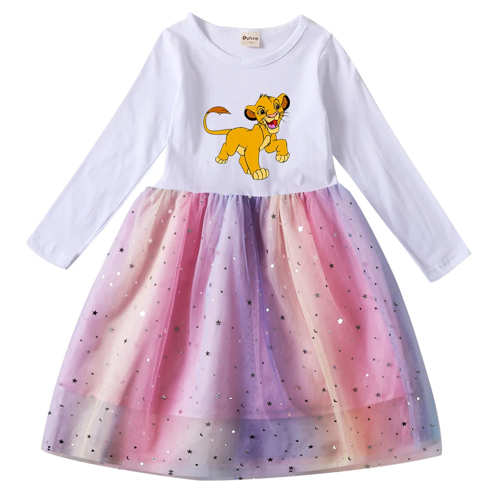 The Lion King Simba Girls Toddler Prom Mesh Dresses Children Party Clothes Long Sleeve Princess Costume Kids Fall Dresses