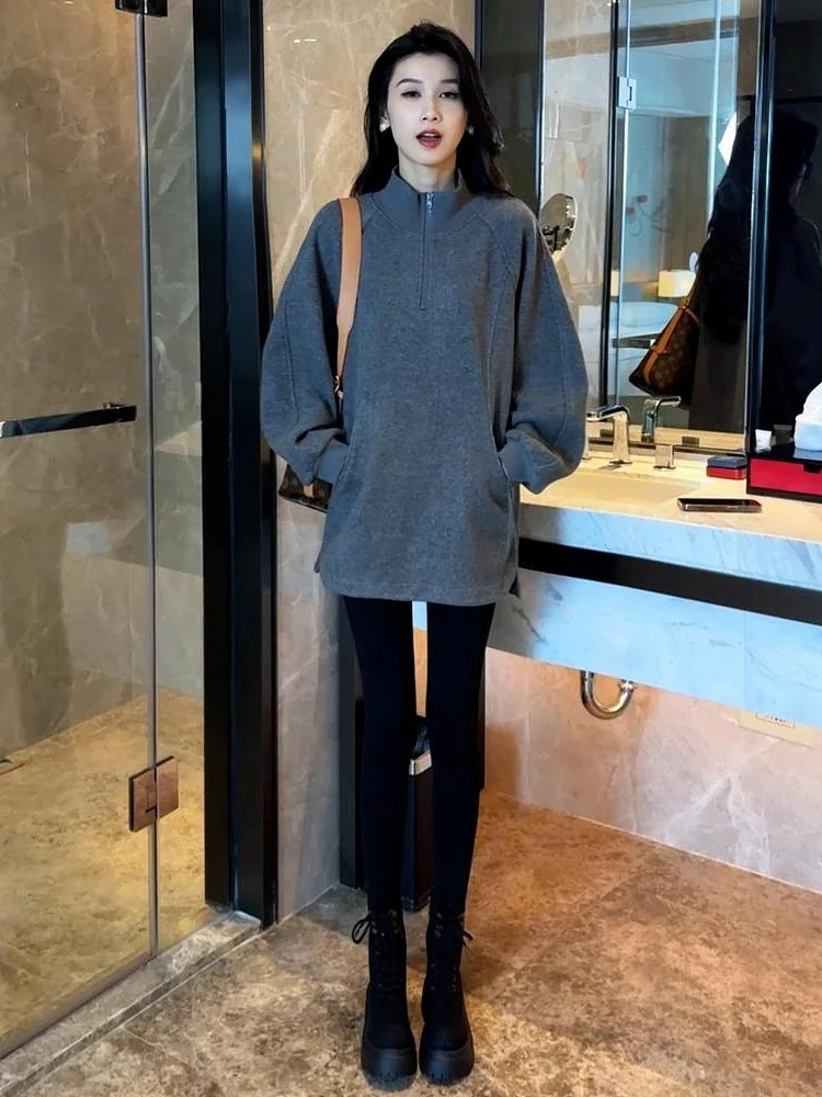 

Gray Stand Collar Fleece Lined Sweatshirt Women's Fashionable American Retro mid Length Base Layer Top Spring 2025 New Arrival