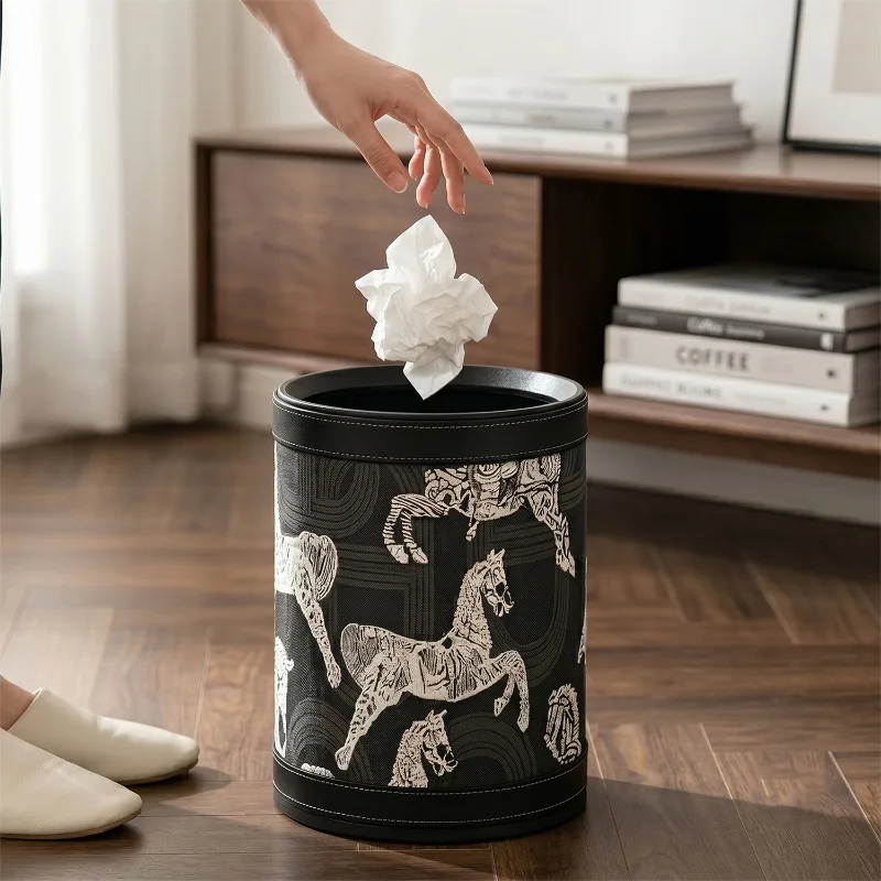 Large Capacity Waste Bins Luxury Horse-patterned Leather Waste Bins Modern Simplicity Household Cleaning Tools Accessories