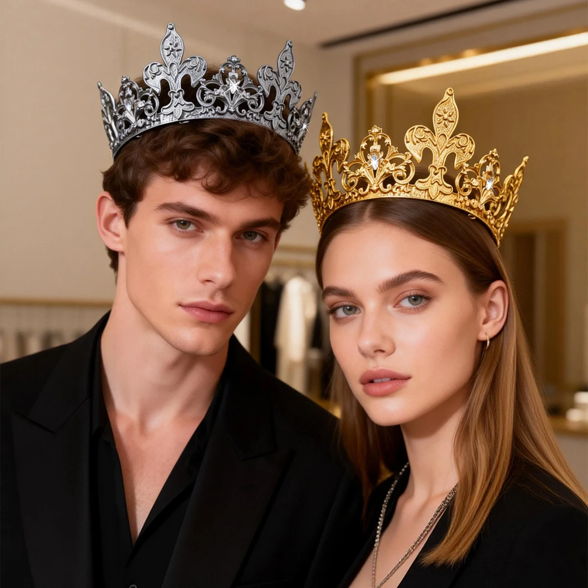 Coronas reales Reina Rey Tiara Diadema Corona redonda retro para desfile Baile de graduación Fiesta de Halloween Accesorio para el cabello Hombres Mujeres