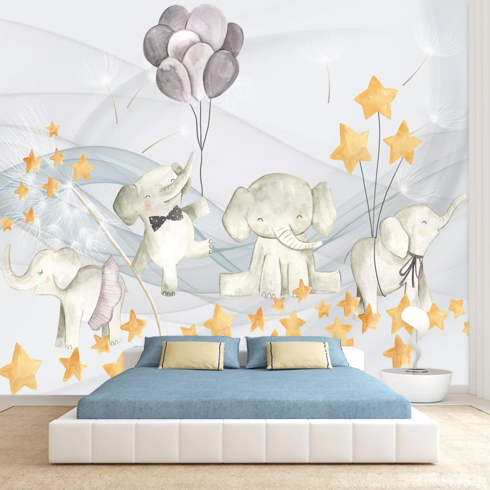 

Custom Peel and Stick Optional Contact Wall Papers Home Decor Wallpapers for Living Room Kids Cartoon Elephant Stars TV Murals