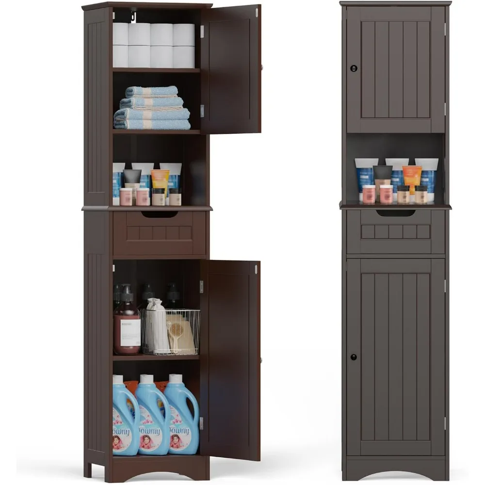 

67" H Tall Bathroom Cabinet, Storage Cabinet with 2 Doors & Drawer, Narrow Linen Tower Freestanding Adjustable Shelves for Home