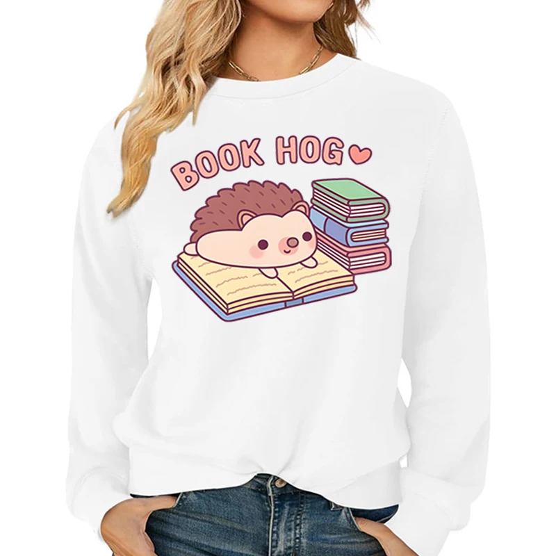 

Autumn Funny Women Sweatshirts Cute Hedgehog Reading Book Print Pullover Long Sleeve Cartoon Style Warm Hoody Female Hoodies