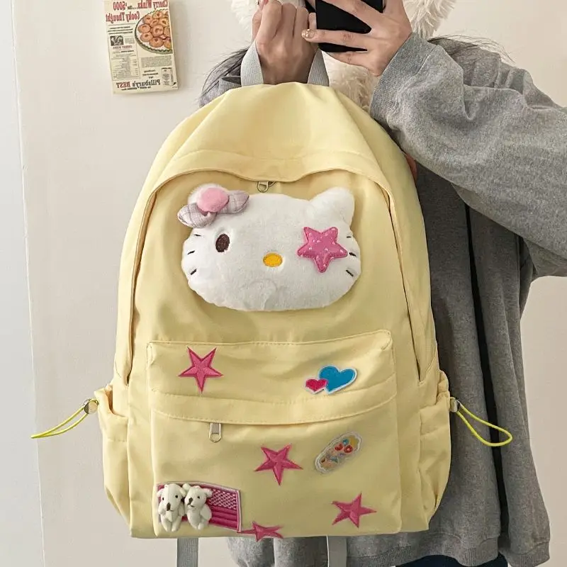 Cute Hello Kitty Backpack Cartoon Kitty Cat Y2k Girls Large Capacity Backpack Student School Bag with Star Pattern