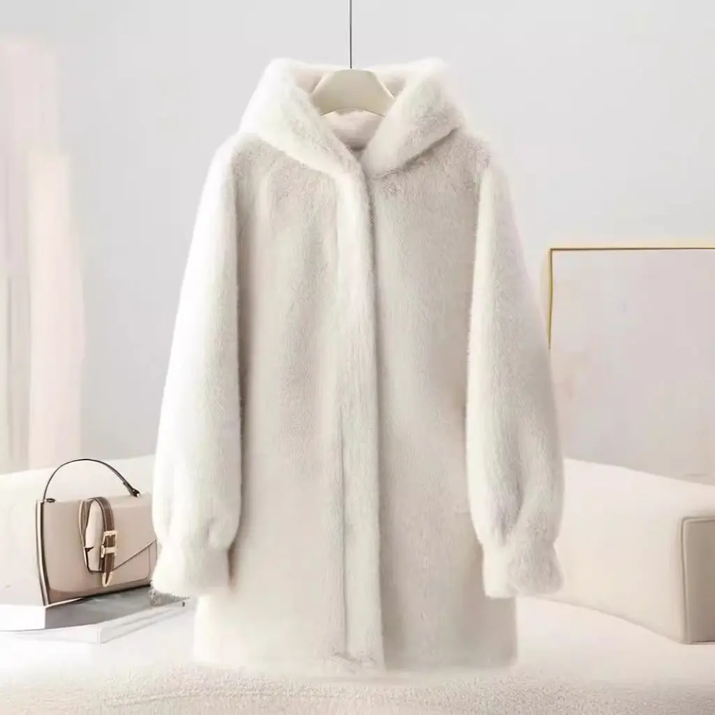 

Women's Autumn Winter Fur Coat Eco-Friendly Mink Velvet One-Piece Hooded Mid-Length Imitation Mink Young Fashion Outerwear