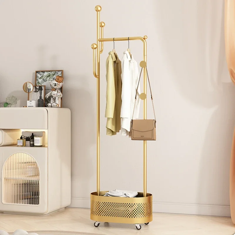 

Light Luxury Floor Coat Rack, Movable with Wheels, Nordic Bedroom Iron Laundry Basket, Living Room Storage Shelves