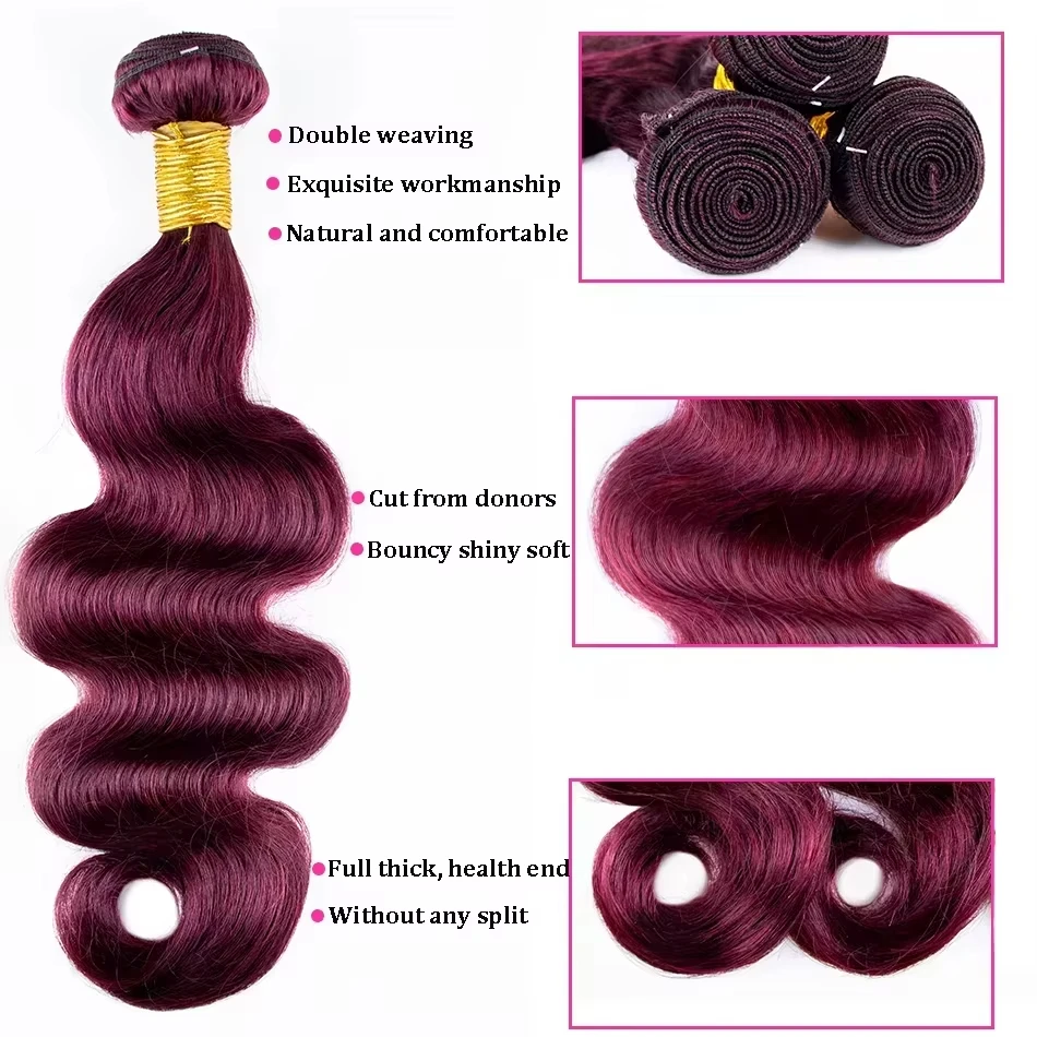99J Human Hair Bundles Wine Red Bundles Burgundy Body Wave Human Hair Bundles Brazilian Unprocessed Virgin Hair Burgundy Bundles