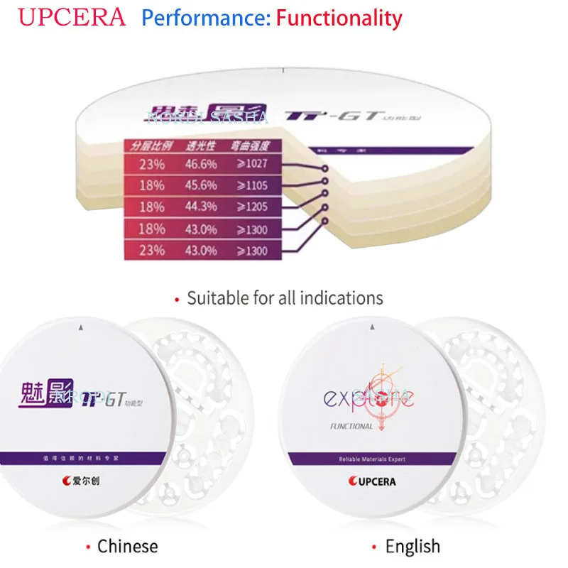 

Upcera Dental Zirconia Blocks TT-GT Explore Functional & TT-ML Aesthetic 4D Multilayer Zirconia Blank Disc CAD CAM 98mm 1Pcs/Box