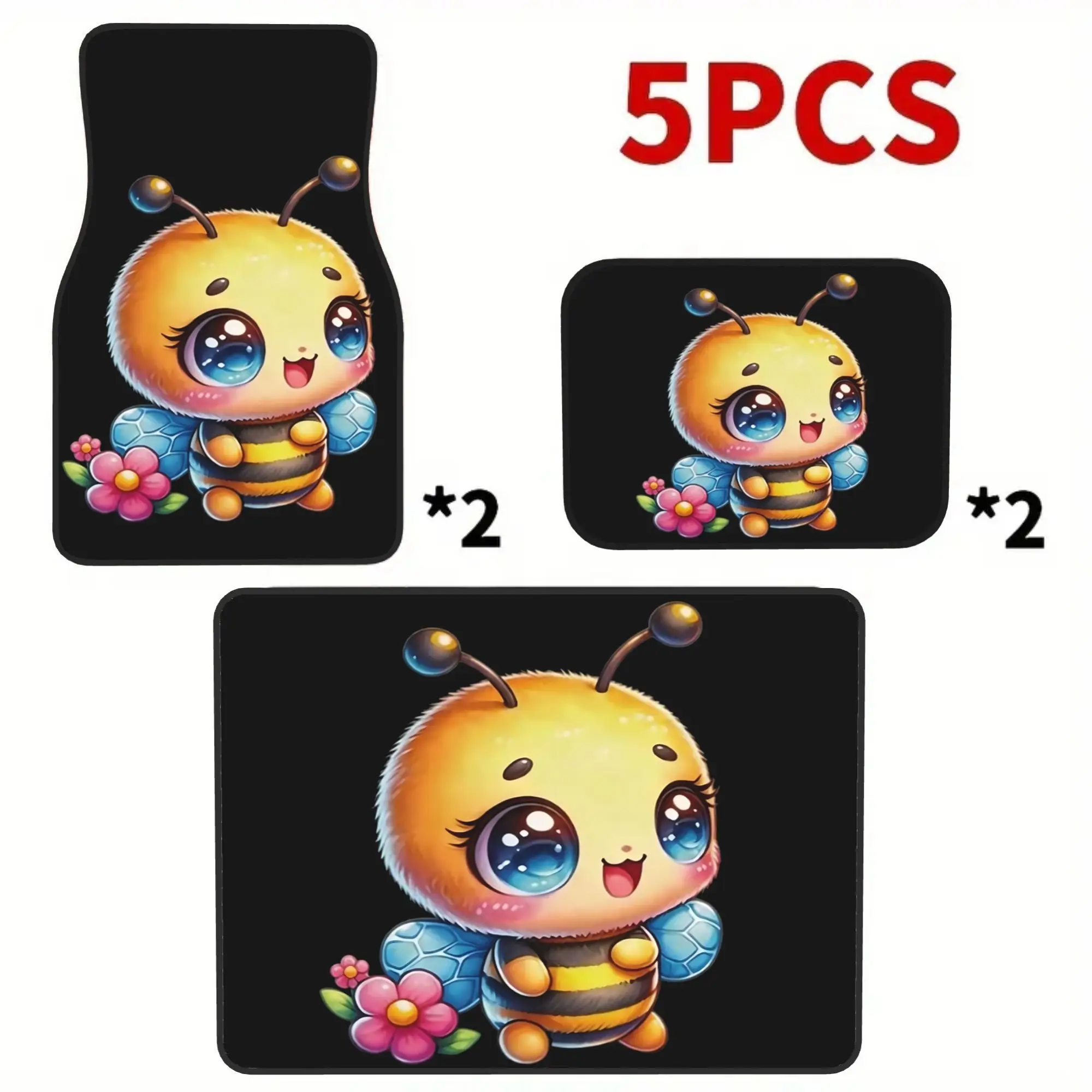 2D Flat Printing 5pcs Cute Floral Baby Bee Printed Car Mats Set (4 Floor Mats + 1 Trunk Mat), Made Of Durable Elegant Interior P