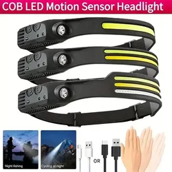 Induction LED Headlamp COB Wide Beam Wave Sensor Head Lamp With 5 Modes USB Rechargeable For Running Camping Portable Head Torch