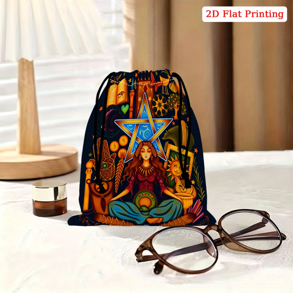 1Pc Mystical Witch Meditation Drawstring Bag Multicolor Pentagram Goddess Print Storage Small Pouch Jewelry Cosmetics Organizer