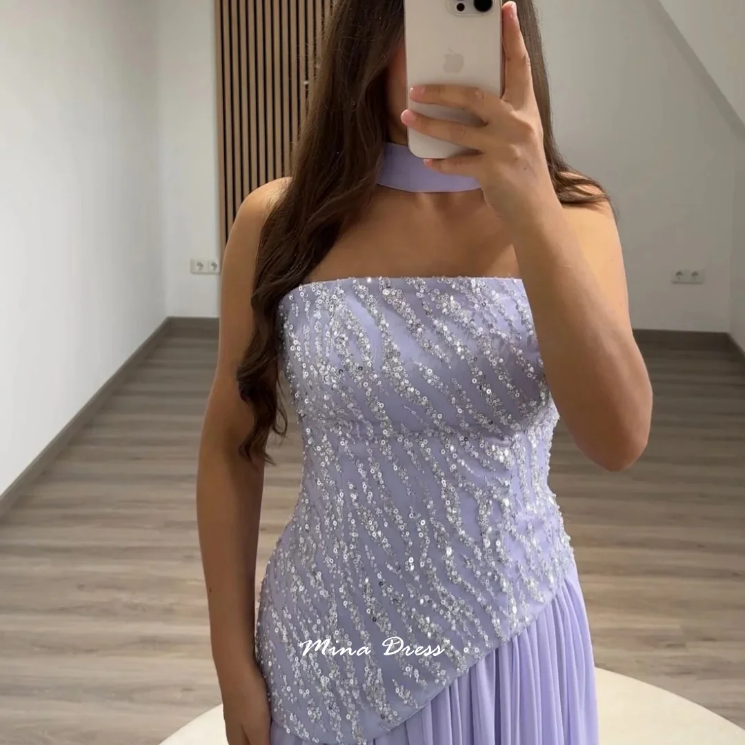 Mina Maßgeschneidertes lila arabisches Abendkleid Luxus elegante Partykleider Frau Schal Tube Top formelle Anlässe Kleider Perlen Abschlussball