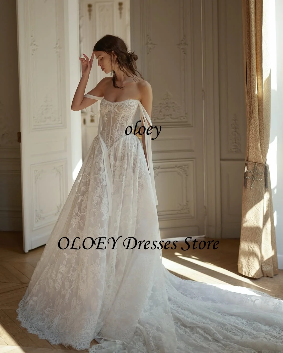 OLOEY Elegant Off the Shoulder A Line Wedding Dresses Full Lace Boning Customized Bridal Gowns Court Train Vestidos de noiva