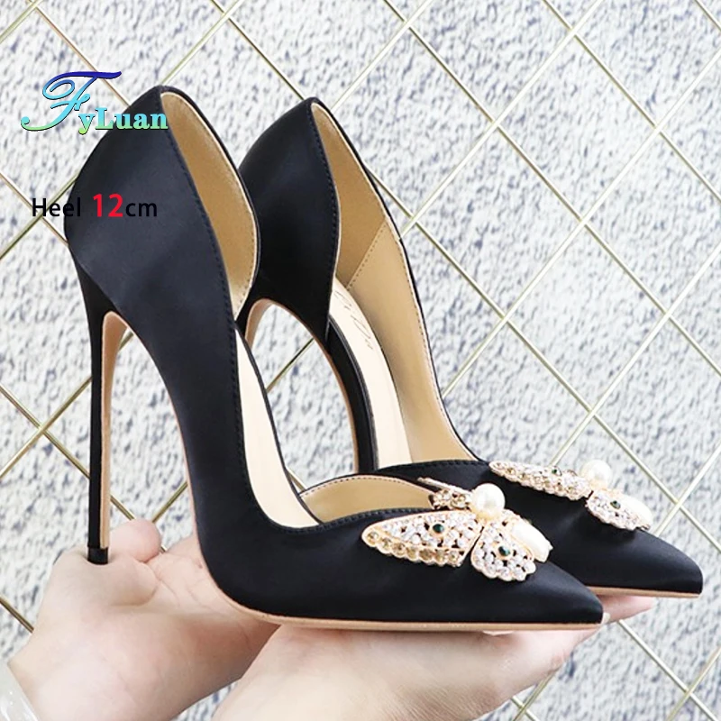 

New Rhinestone Butterfly Decoration Women Pointed Toe Side Empty High Heels 8-12CM Plus Size Silk Pumps Summer Party Dress Shoes