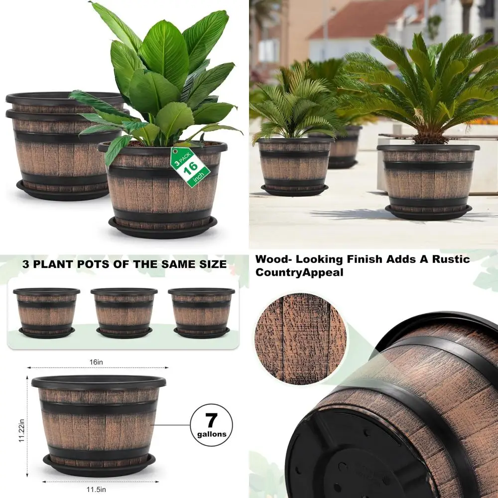 

quarut large plastic 3 pack16 inch plant pots,whiskey barrel planters with drainage holes & saucer.flower pots imitation wine ba