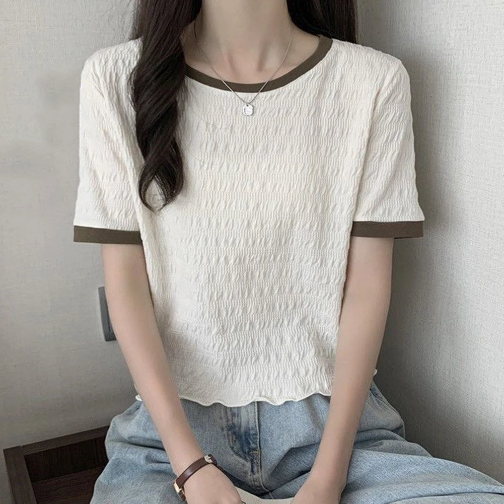Casual Outing Everyday Use Fashion Cropped Top Simple Style Casual T-shirt Crew Neck Top Ruffled T-shirt Crew Neck