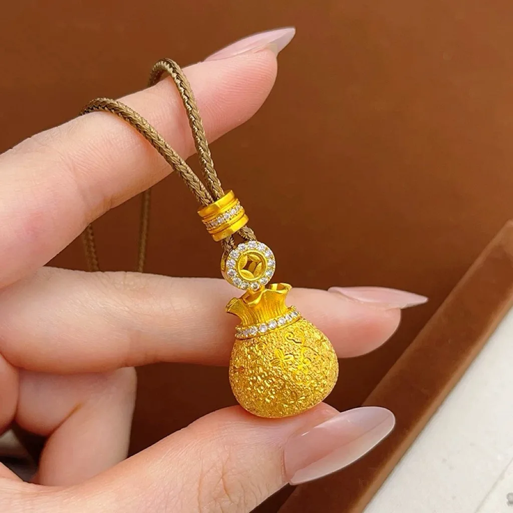 

Diamond Inlaid Brushed Fortune Bag Pendant Women's 24K Gold AU999 - Pure gold fortune bag pendant, ideal gift for elders