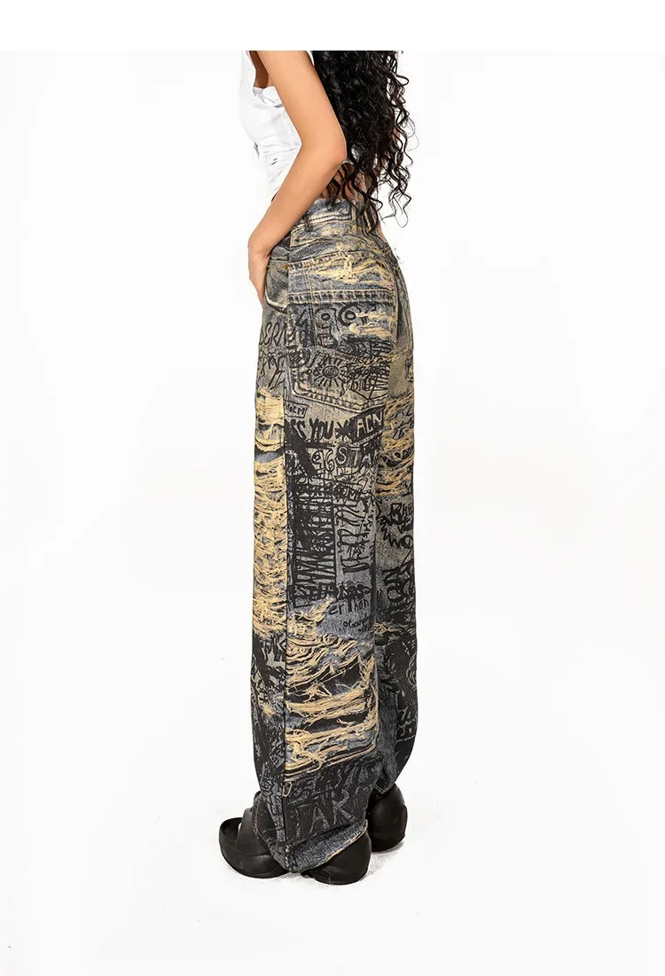 Women’s Graffiti Tie Dye Print Personalized Unisex Pants Spring Cool Girl Wide Leg Sweatpants Female High Waist Thin Trouser