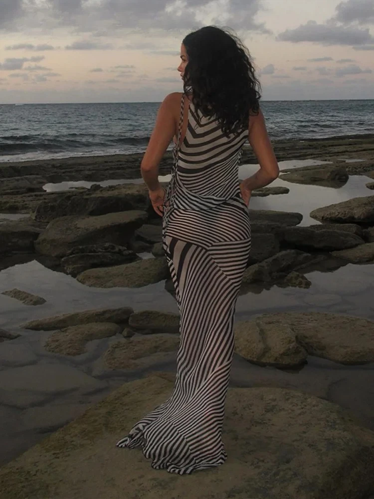 Vintage Beach Stripe Printed Women's Slip Top Skirt Suits Beach Sleeveless Bandage Top Pleated Skirts 2025 Summer Lady Outfit