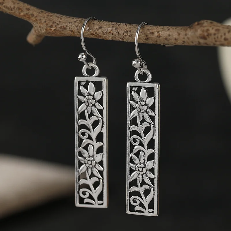 Rectangular Hollowed Out Flower Vine Women's Earrings Retro Antique Forest Style Silver Plated Dangle Earrings Trend Jewelry