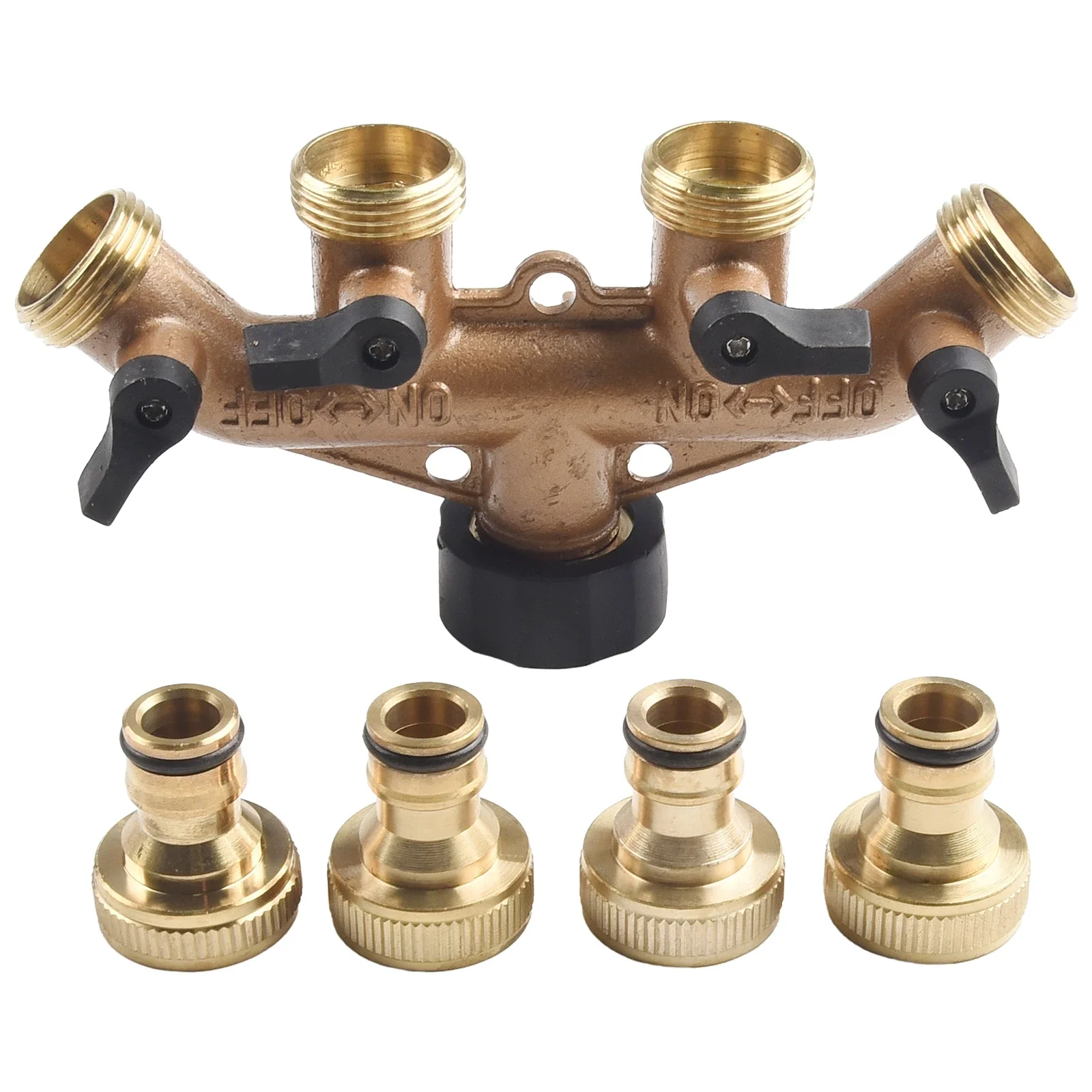 

4 Way Solid Brass Hose Splitter Connector Distributor With Shut Off Valves 3/4‘’ For Watering Supplies Garden Tools Accessories