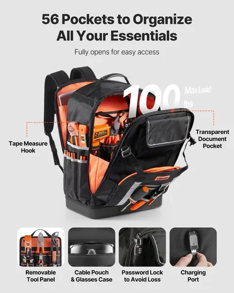 Tool Backpack 56 Pockets Splash-resistant Jobsite Backpack for Electrician