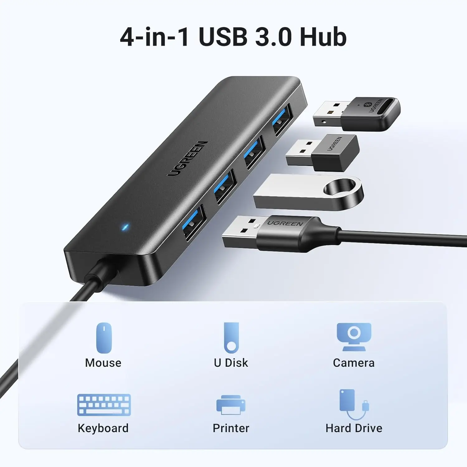 UGREEN USB 3.0 허브, 4포트 USB 분배기 마우스, 키보드, 플래시 드라이브, U 디스크, 프린터용 초슬림 USB 확장기